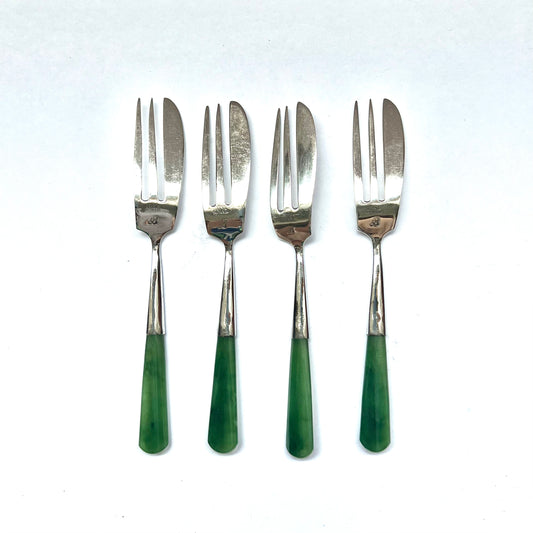 Antique New Zealand set of 4 sterling silver cocktail fork with nephrite jade handles by Benjamin Waby, early 20th century
