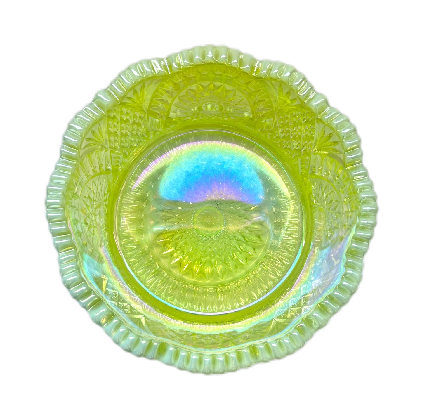 Vintage uranium glass bowl in Diamond Classic pattern by Mosser Glass
