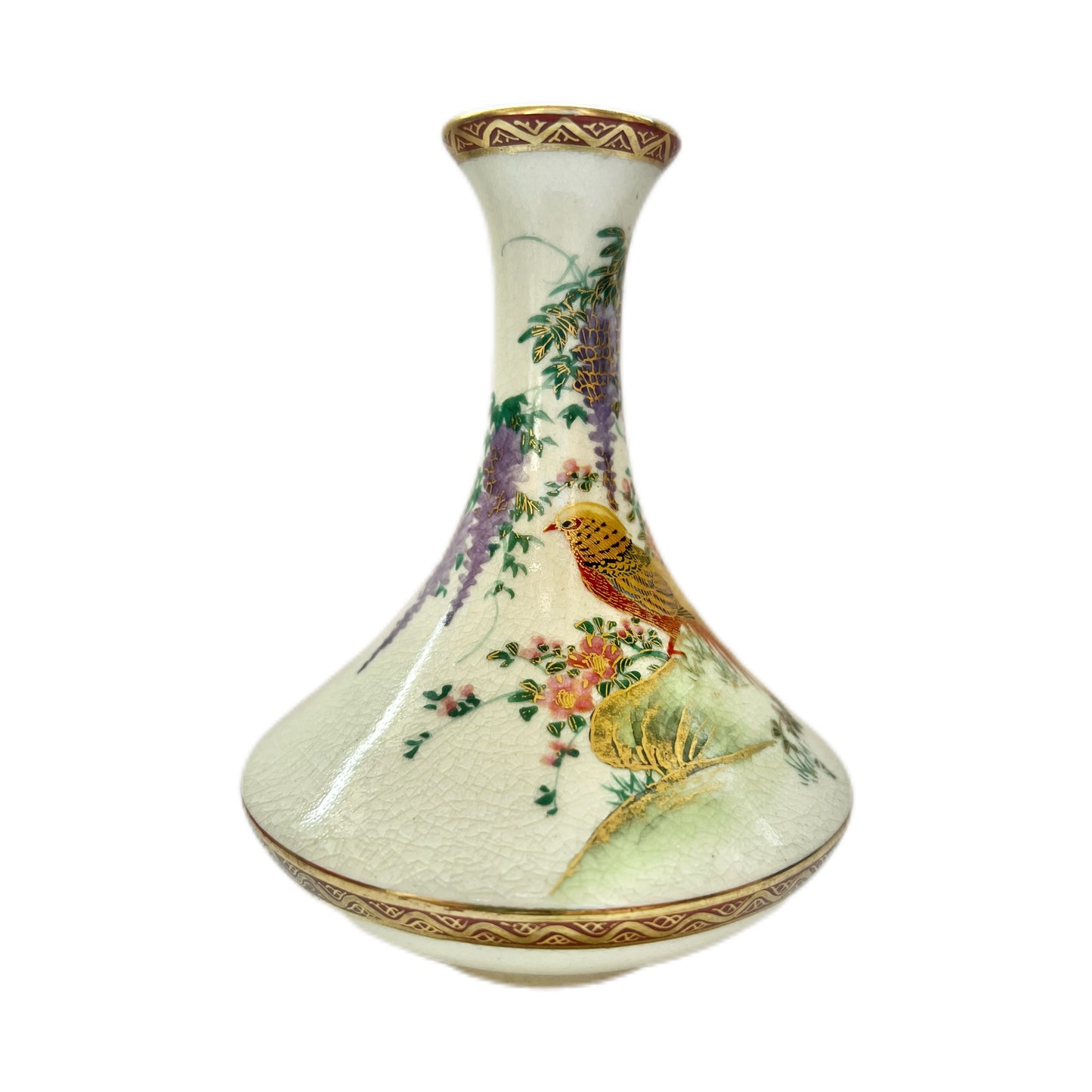 Vintage Japanese Satsuma vase handpainted with pheasant and wisteria motifs by Soko China of Kobe