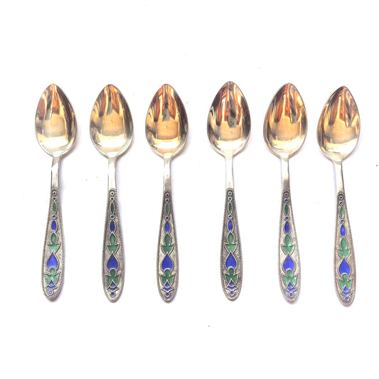 Set of 6 vintage Russian .875 silver and enamel tea spoons