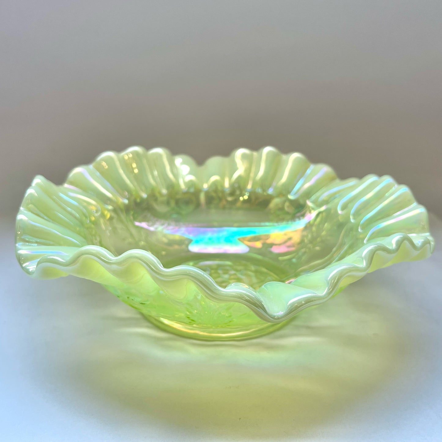 Vintage uranium glass bowl with ruffled lustre edges by Mosser Glass