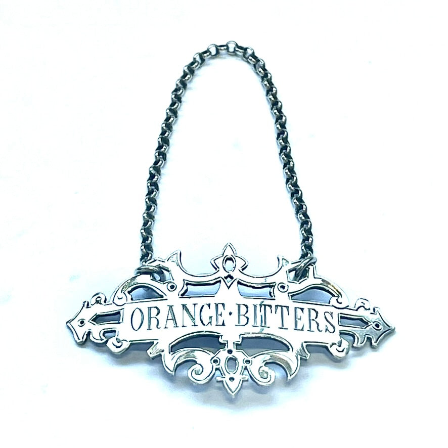 Stunning late Victorian sterling silver Orange Bitters liquor ticket / decanter label by Wright & Davies, London, 1886