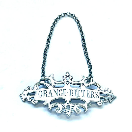 Stunning late Victorian sterling silver Orange Bitters liquor ticket / decanter label by Wright & Davies, London, 1886