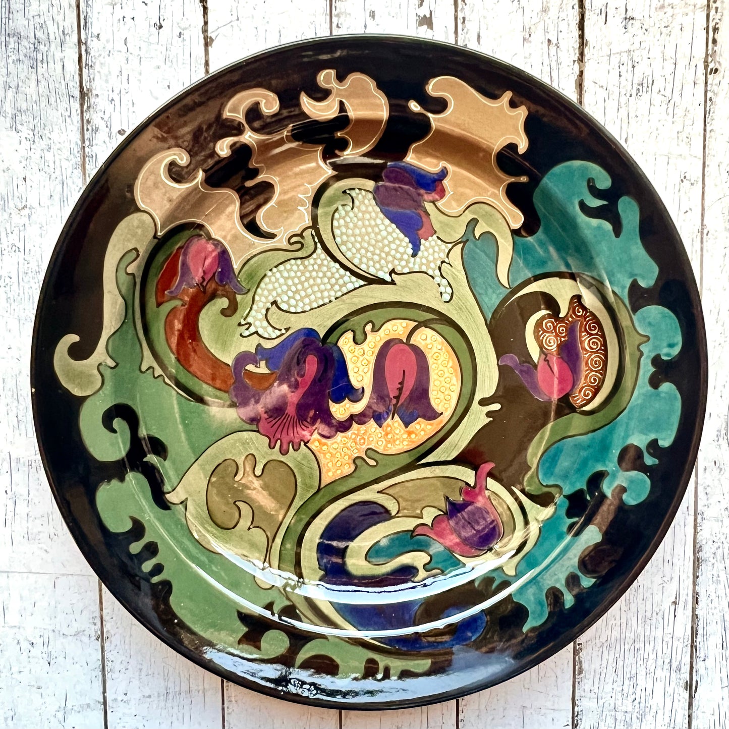 Rare and Monumental Gouda Jugendstil Dutch Art Pottery Wall Charger circa 1920
