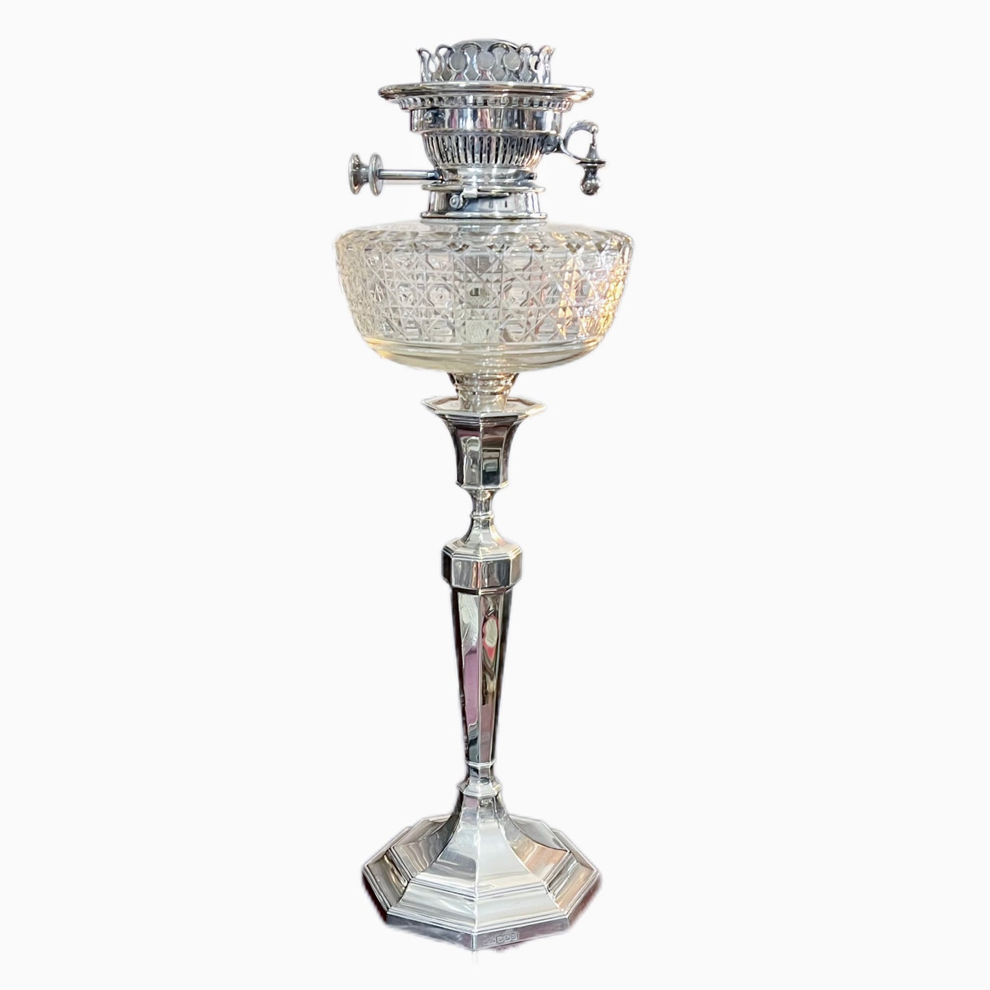 Lámpara de banquete antigua de plata de ley y cristal tallado de Jorge V, Hardy Bros