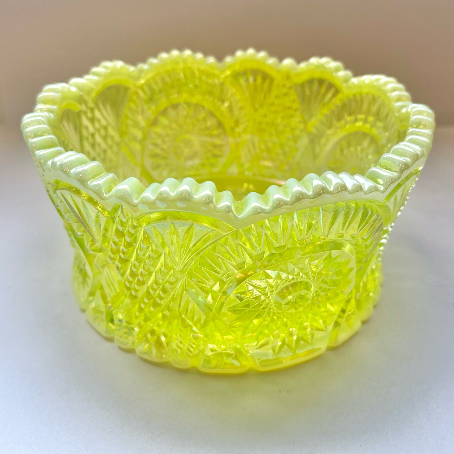 Vintage uranium glass bowl in Diamond Classic pattern by Mosser Glass