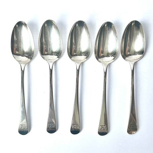5 George III sterling silver tablespoons, with marks for William Eley I, William Fearn & William Chawner, London, 1808, Barnard family crest