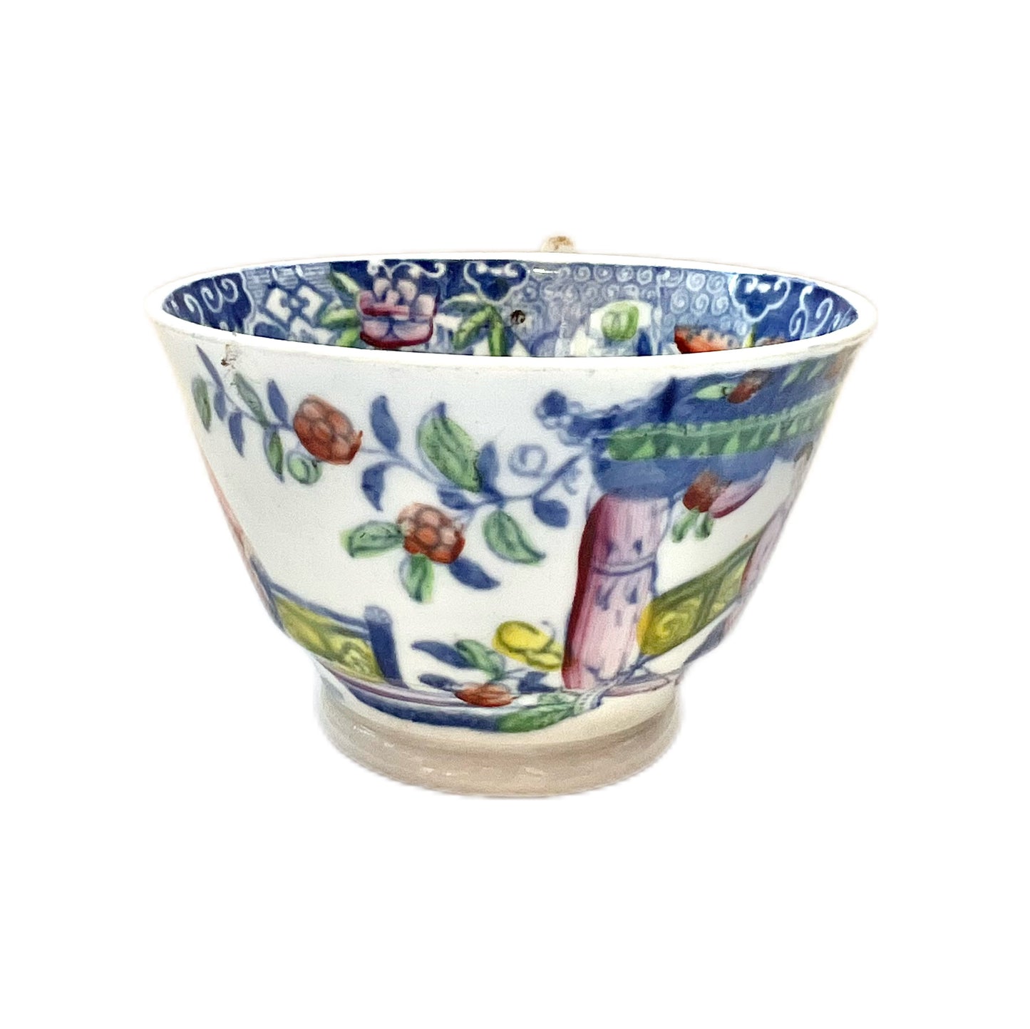 Late Georgian polychrome transfer teacup with a lovely oriental scene