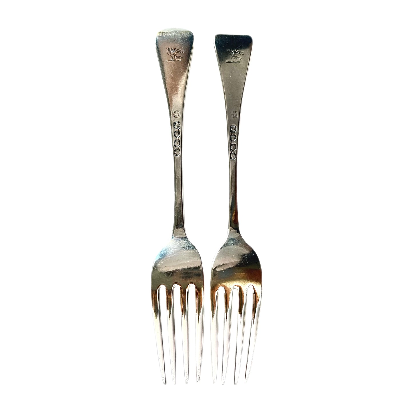 Pair of antique Victorian Hanoverian pattern crested sterling silver entree forks