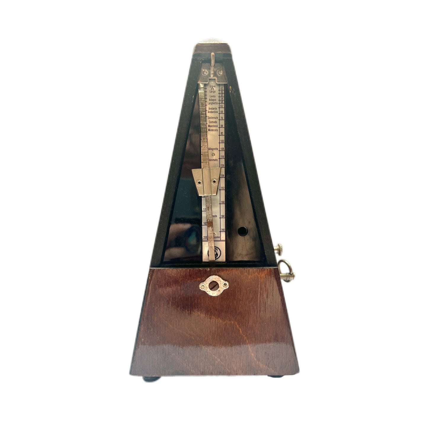 Metrónomo mecánico de principios del siglo XX con campana y sistema de sonido Maelzel y chapa de nogal.