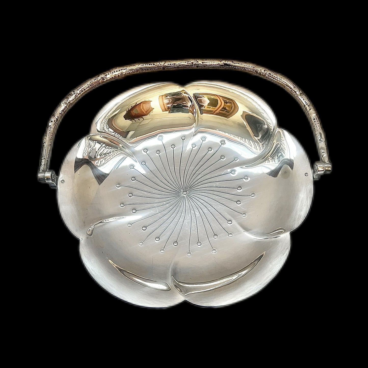 Antique Japanese export silver cherry blossom figural basket with faux bois handle