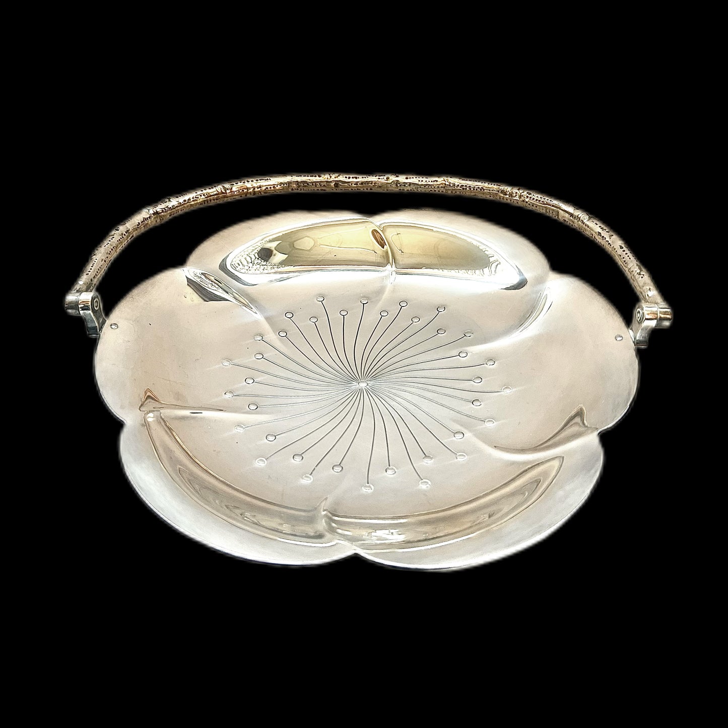 Antique Japanese export silver cherry blossom figural basket with faux bois handle