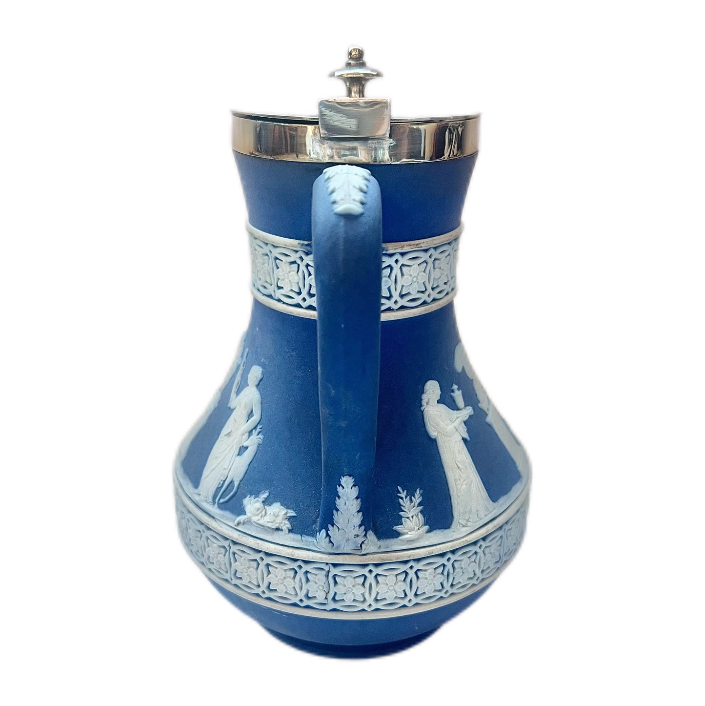 Antique lidded Wedgwood jasperware pitcher with silver plated mount