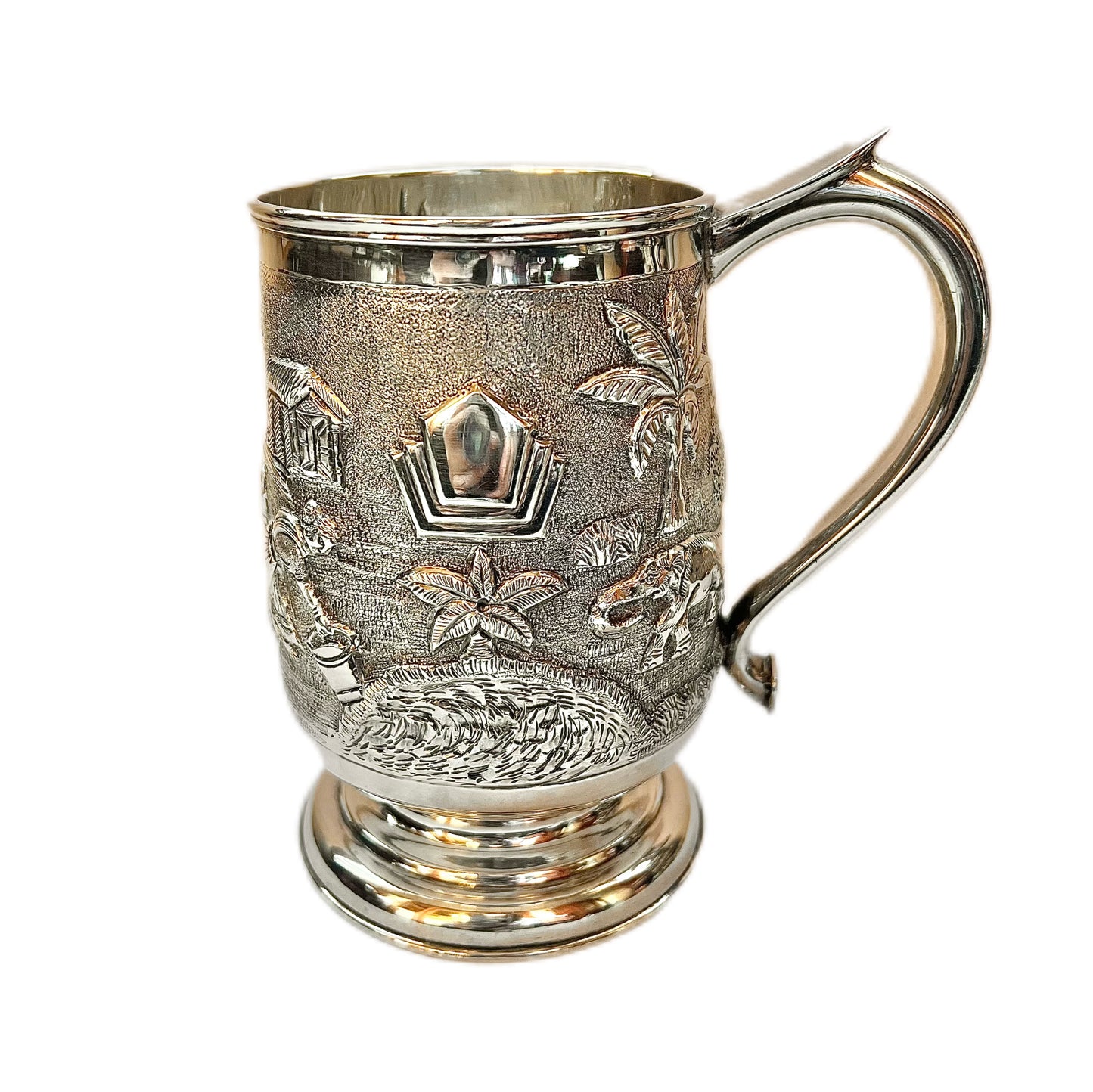 6 substantial 1920s to 1930s British Raj Anglo-Indian sterling silver tankards