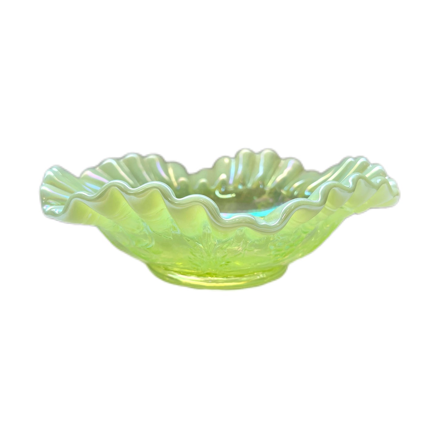 Vintage uranium glass bowl with ruffled lustre edges by Mosser Glass