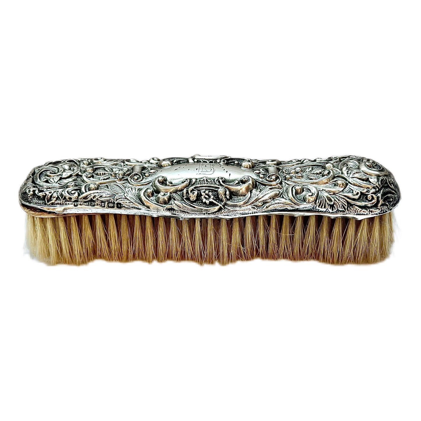 Antique Edwardian clothes brush with repousse sterling silver mount