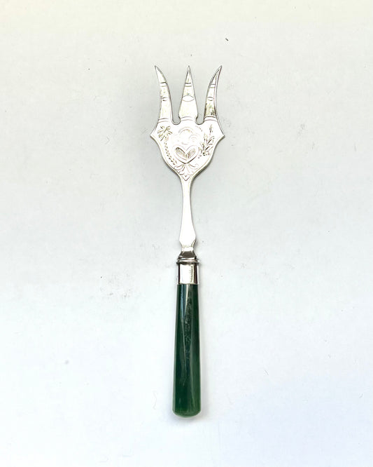 Antique New Zealand sterling silver cocktail fork with nephrite jade handle, early 20th century