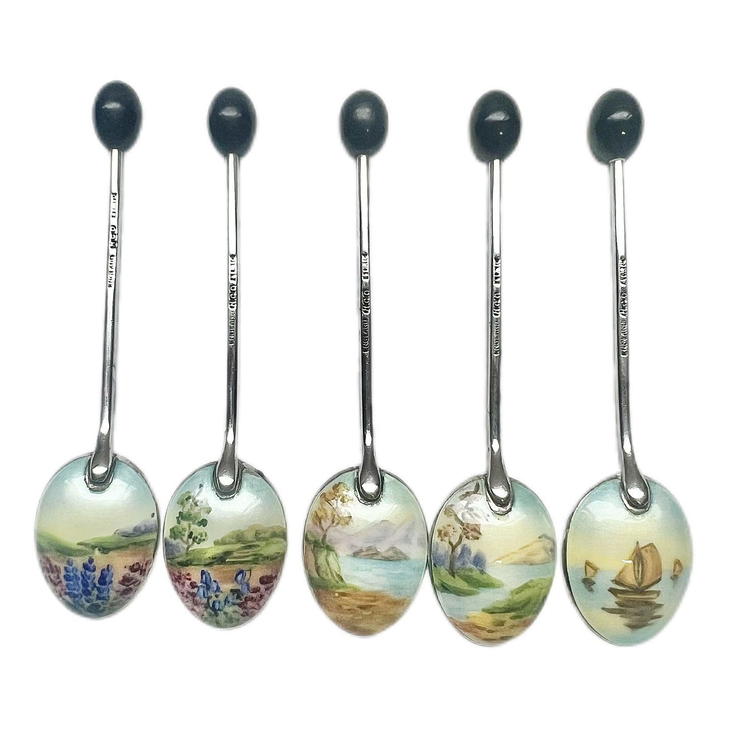 Set of 5 English sterling silver and enamel coffee spoons with Bakelite coffee bean finials