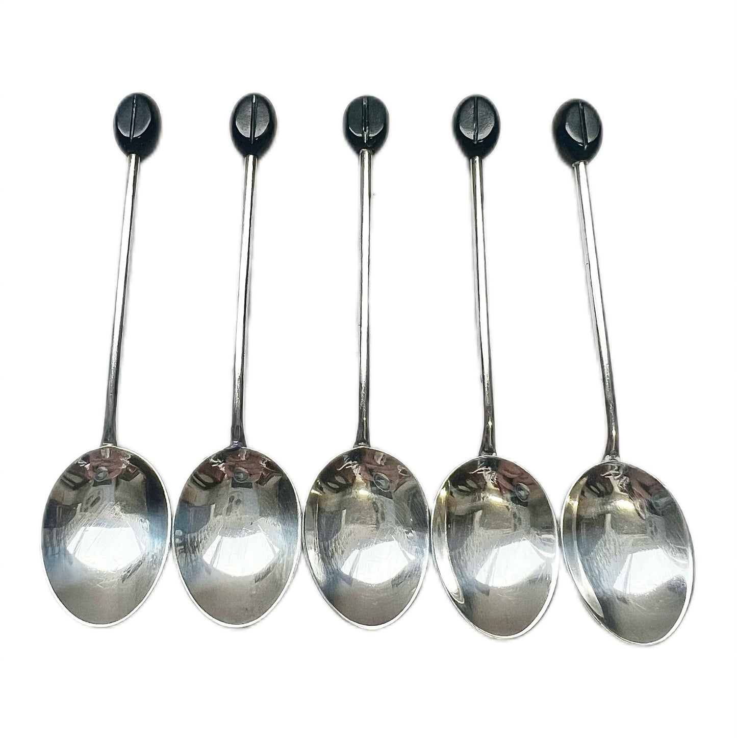Set of 5 English sterling silver and enamel coffee spoons with Bakelite coffee bean finials