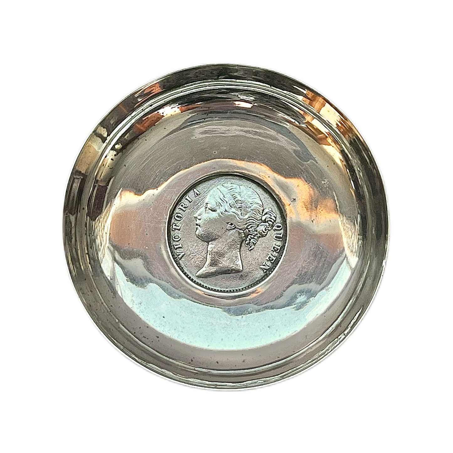 Antique small sterling silver East India Company dish with an 1840 rupee coin