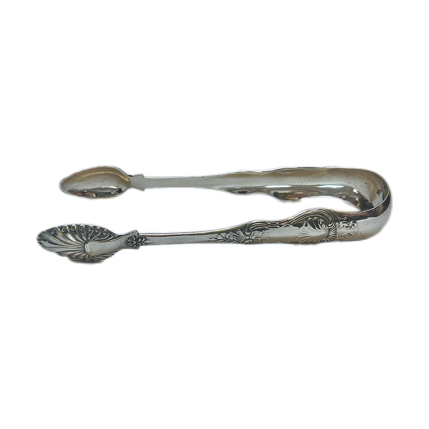 Antique Scottish provincial silver pair of tongs, Kings Pattern with shell bowls, with rare marks by Robert MacGregor