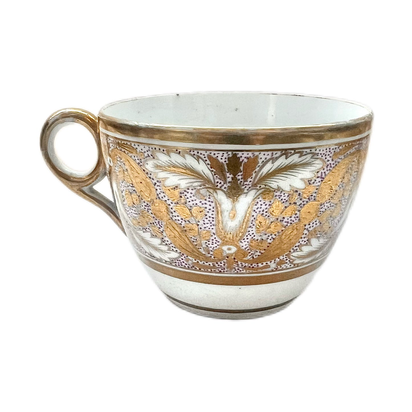 Lavender Paisley Regency period Minton hard paste porcelain Bute shaped teacup with ringhandle