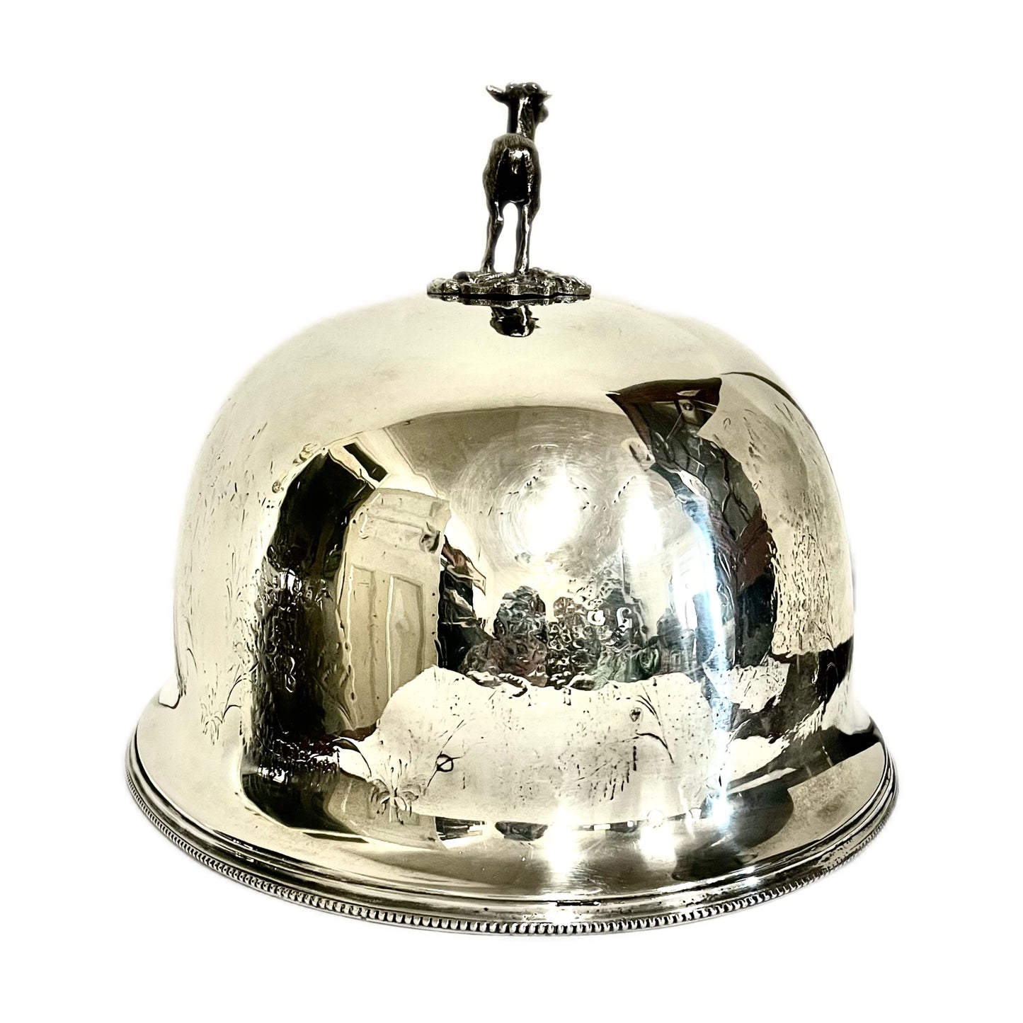 Antique High Victorian Sheffield Plate dinner cloche with deer finial