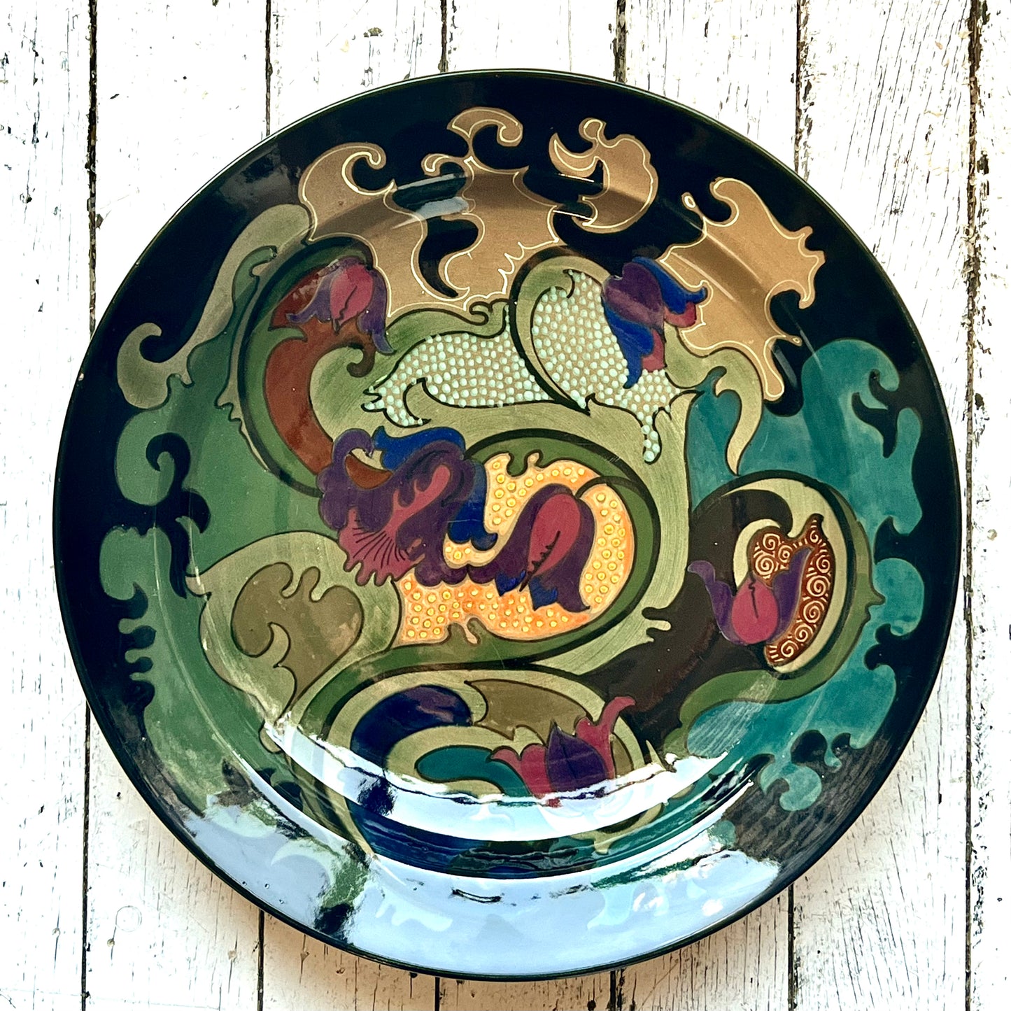Rare and Monumental Gouda Jugendstil Dutch Art Pottery Wall Charger circa 1920