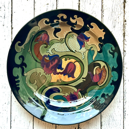 Plato de pared de cerámica artística holandesa Gouda Jugendstil, raro y monumental, circa 1920