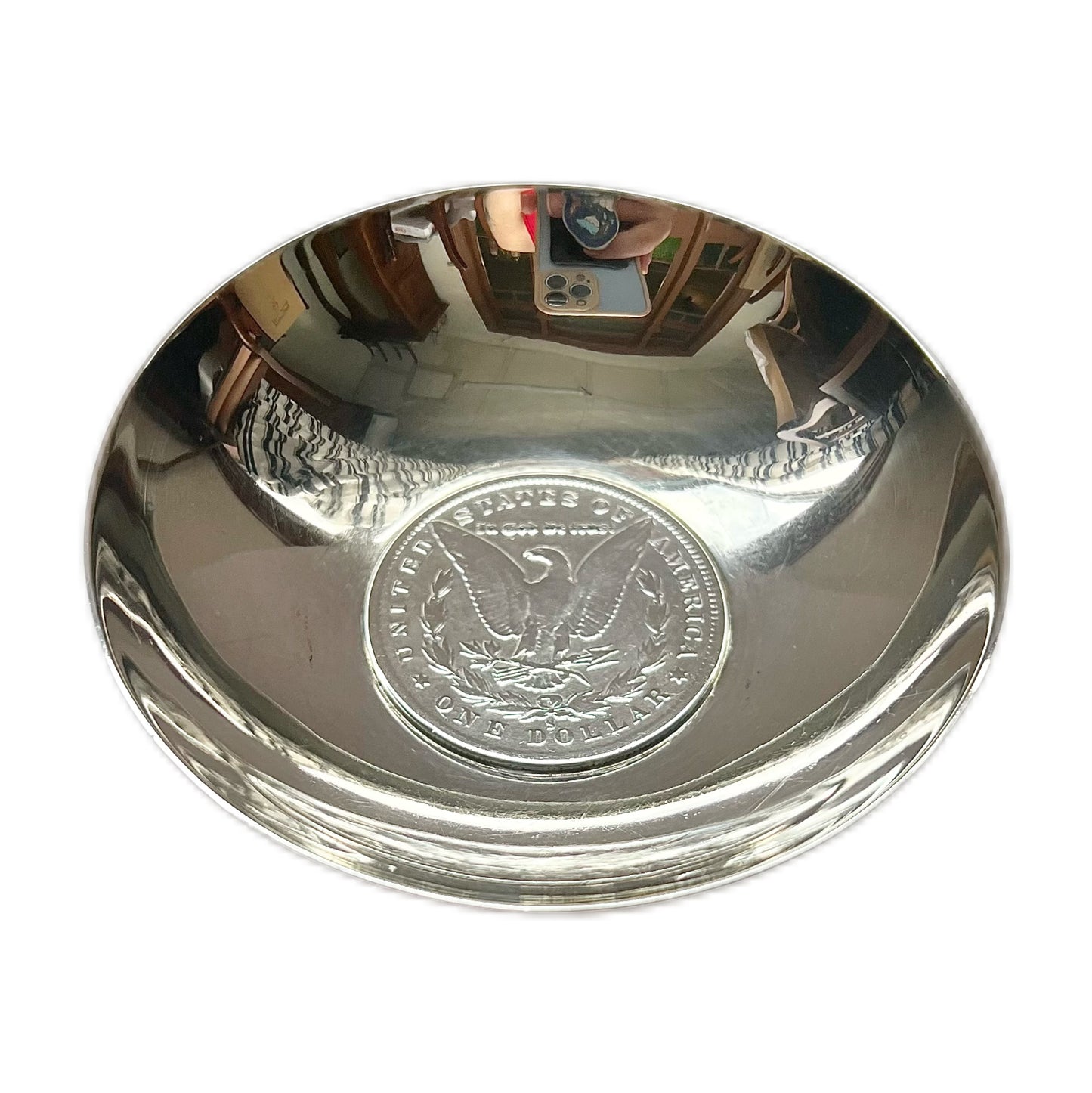 Vintage, possibly antique Australian Hardy Brothers sterling silver trinket dish, base comprising 1880 San Francisco Morgan Dollar