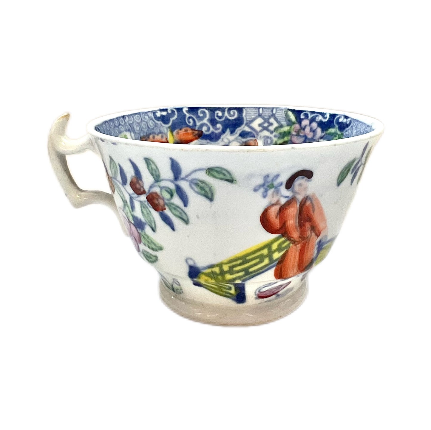 Late Georgian polychrome transfer teacup with a lovely oriental scene