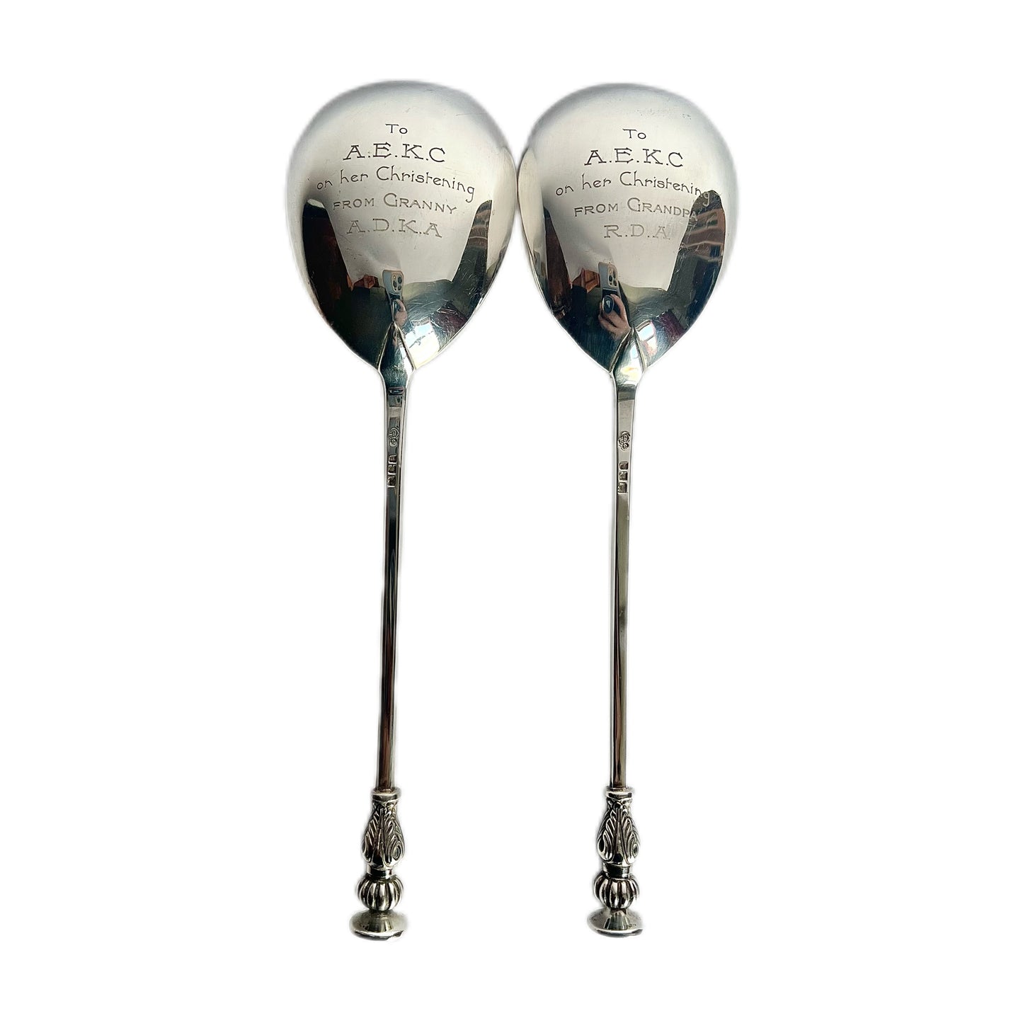 Pair of George V sterling silver serving spoons in original case