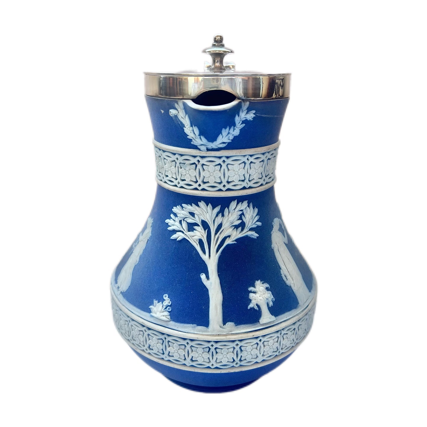 Antique lidded Wedgwood jasperware pitcher with silver plated mount