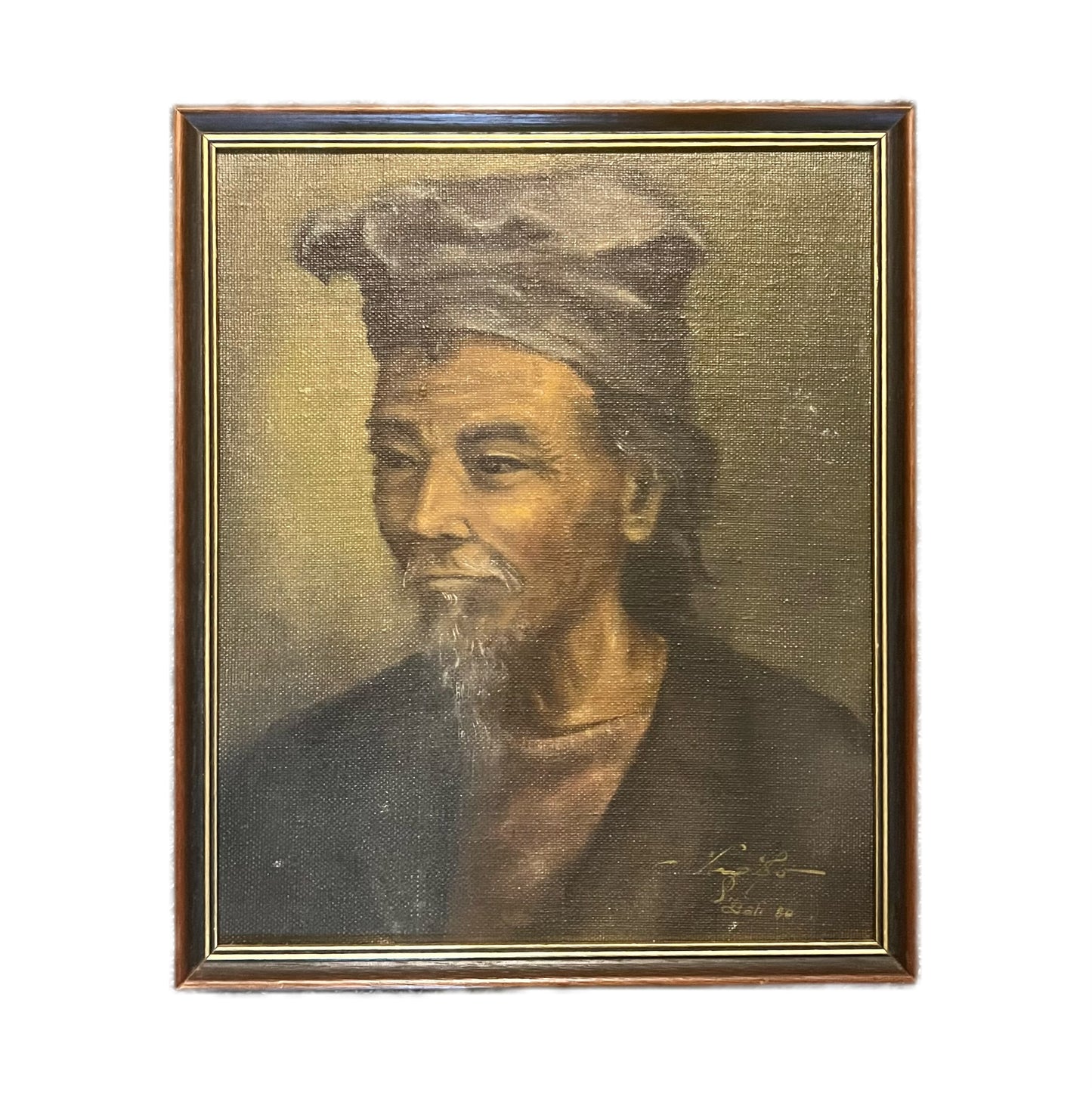 Retrato balinés vintage de un anciano, óleo sobre lienzo, Escuela Dullah, Indonesia.