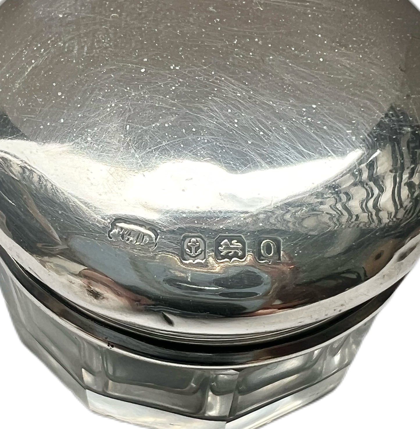 Antique English sterling silver and glass toiletry jar, William Devenport, 1913, Birmingham