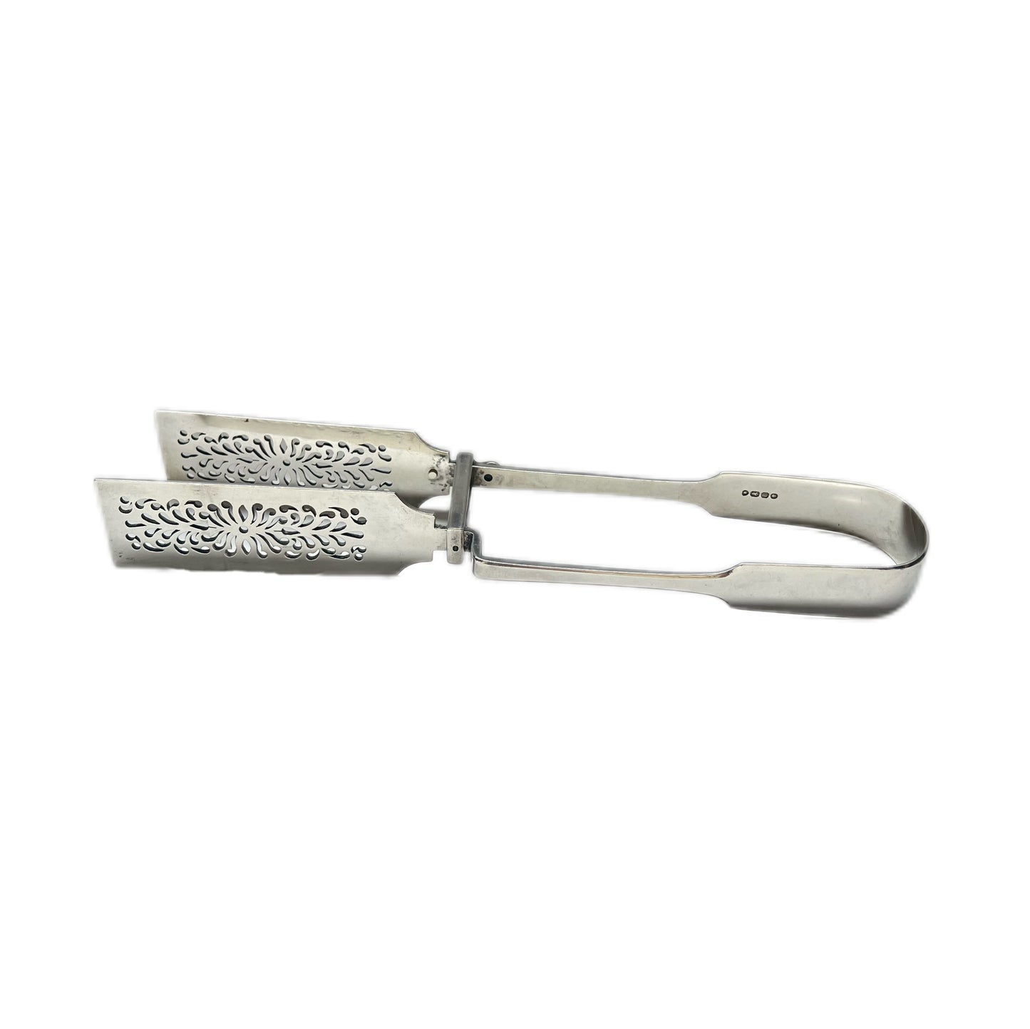 Antique high Victorian sterling silver tongs with pierced pattern and marks for Chawner & Co., London, 1855