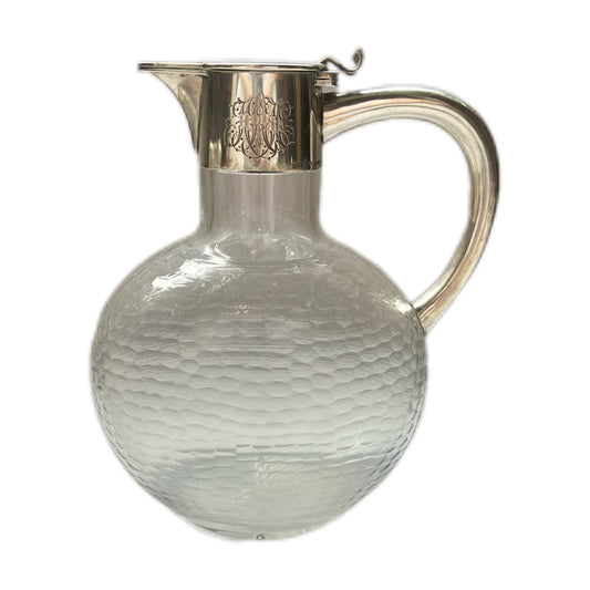 Antiguo decantador Art Nouveau Jugendstil de plata .800 y cristal tallado, de Wilhelm Binder
