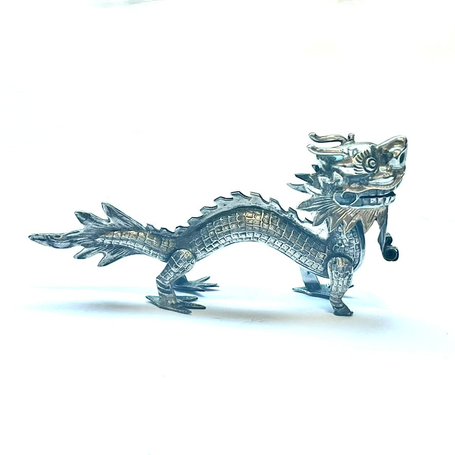 Antique Chinese export silver dragon figural placecard holder circa mid to late 19th century