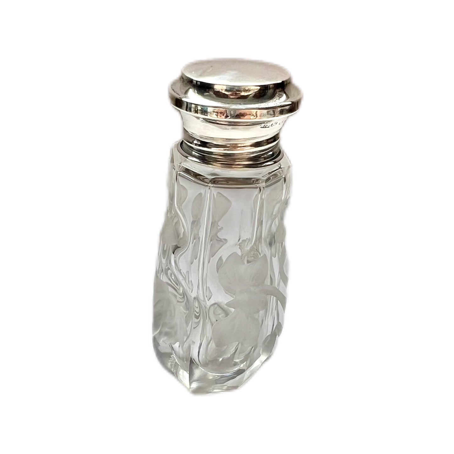 Antique English buttercup intaglio cut glass and sterling silver perfume bottle