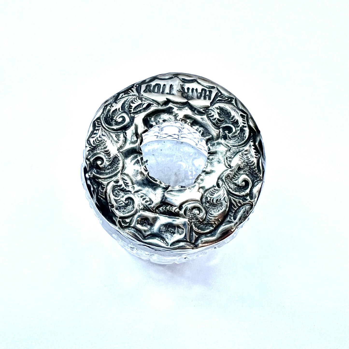 Antique sterling silver and crystal hair tidy, keeper or receiver circa London, 1907