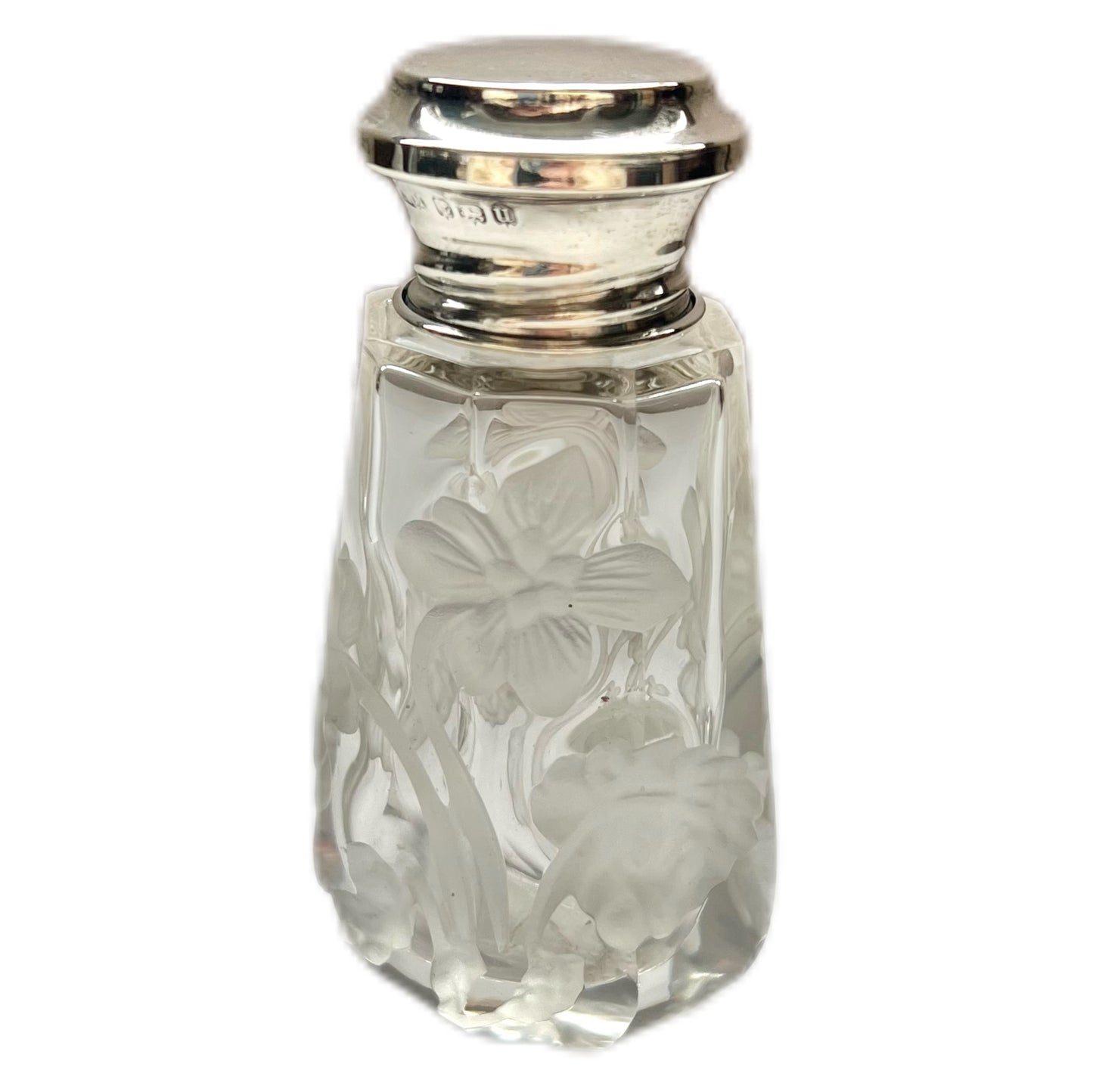 Antique English buttercup intaglio cut glass and sterling silver perfume bottle