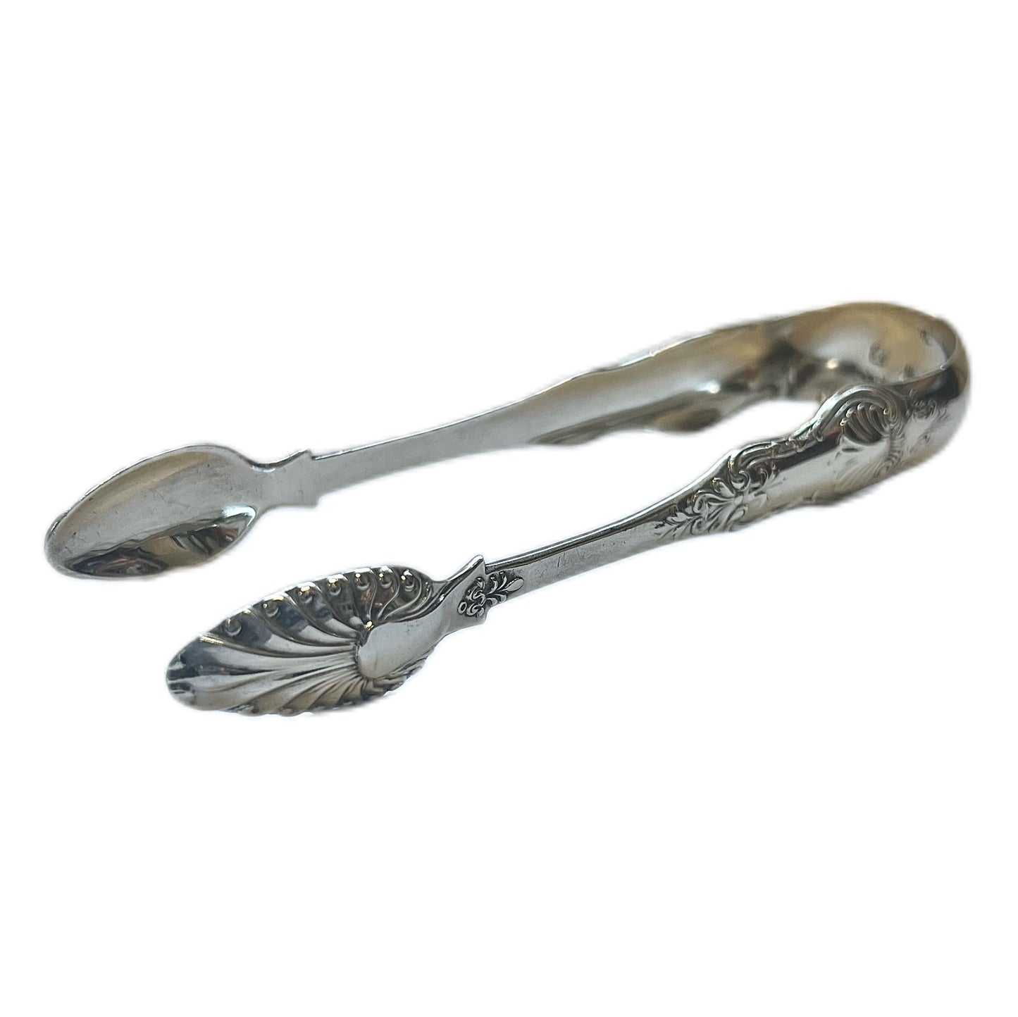 Antique Scottish provincial silver pair of tongs, Kings Pattern with shell bowls, with rare marks by Robert MacGregor