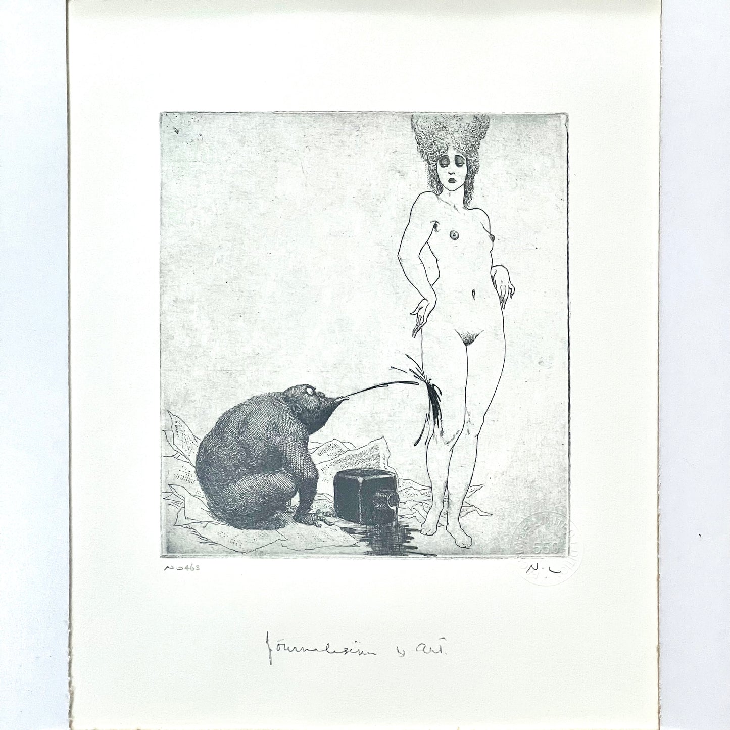 Grabado facsímil de Norman Lindsay del siglo XX titulado "Periodismo y arte", circa 1999.
