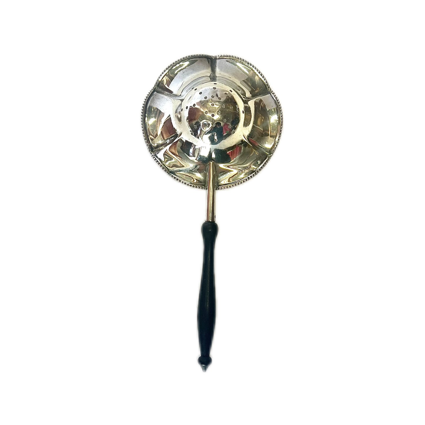 Vintage sterling silver tea strainer with ebonized timber handle