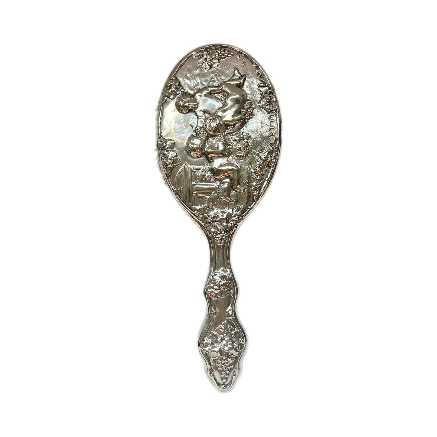 Beautiful antique English sterling silver hair brush with motifs of putti and grapes, William Aitken