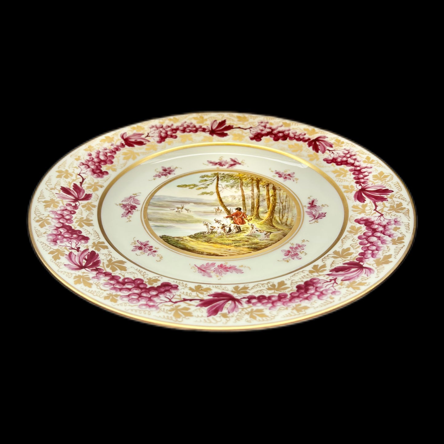 Antiguo plato de porcelana Derby de la época de la Regencia, pintado a mano, con el texto "Hunting"