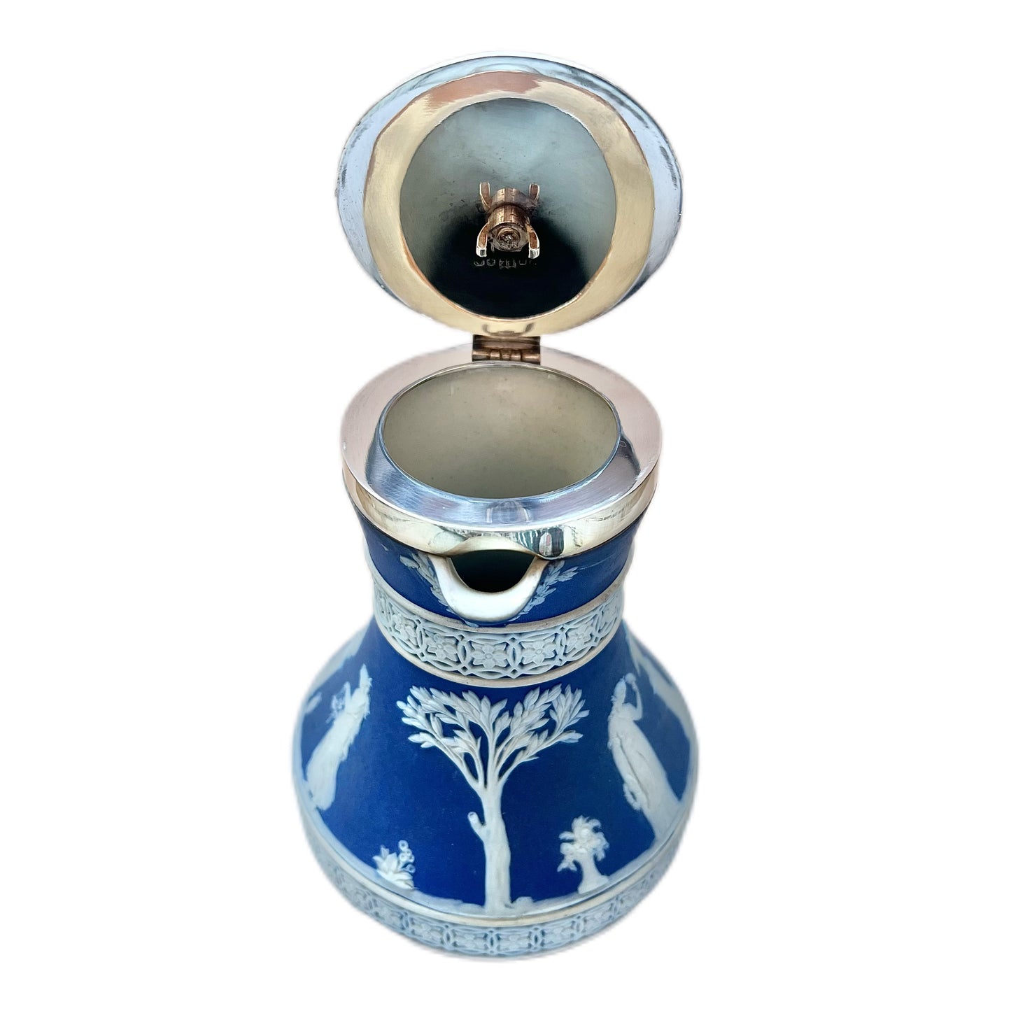 Antique lidded Wedgwood jasperware pitcher with silver plated mount