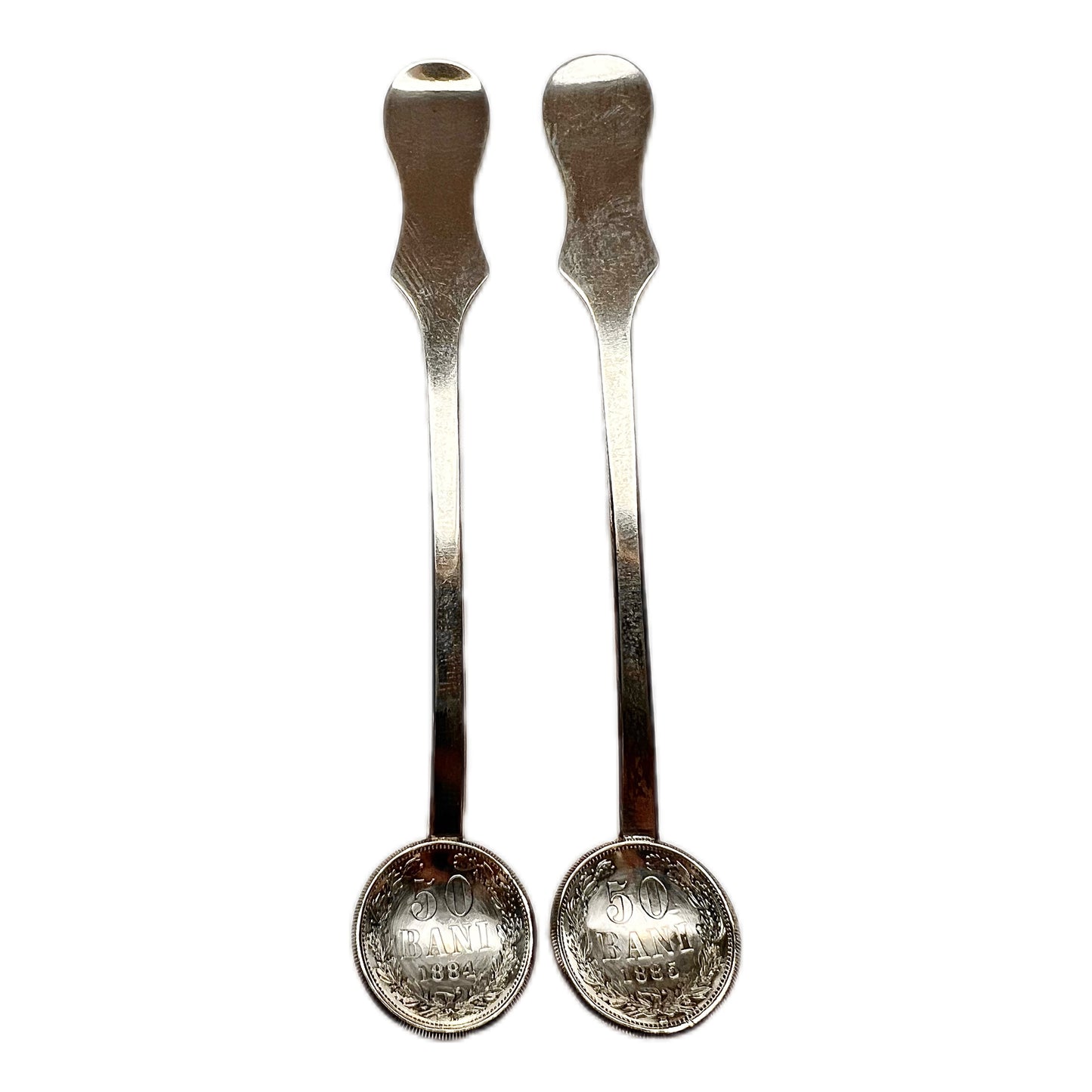 Two Romanian 50 Bani coin spoons circa 1884 and 1885