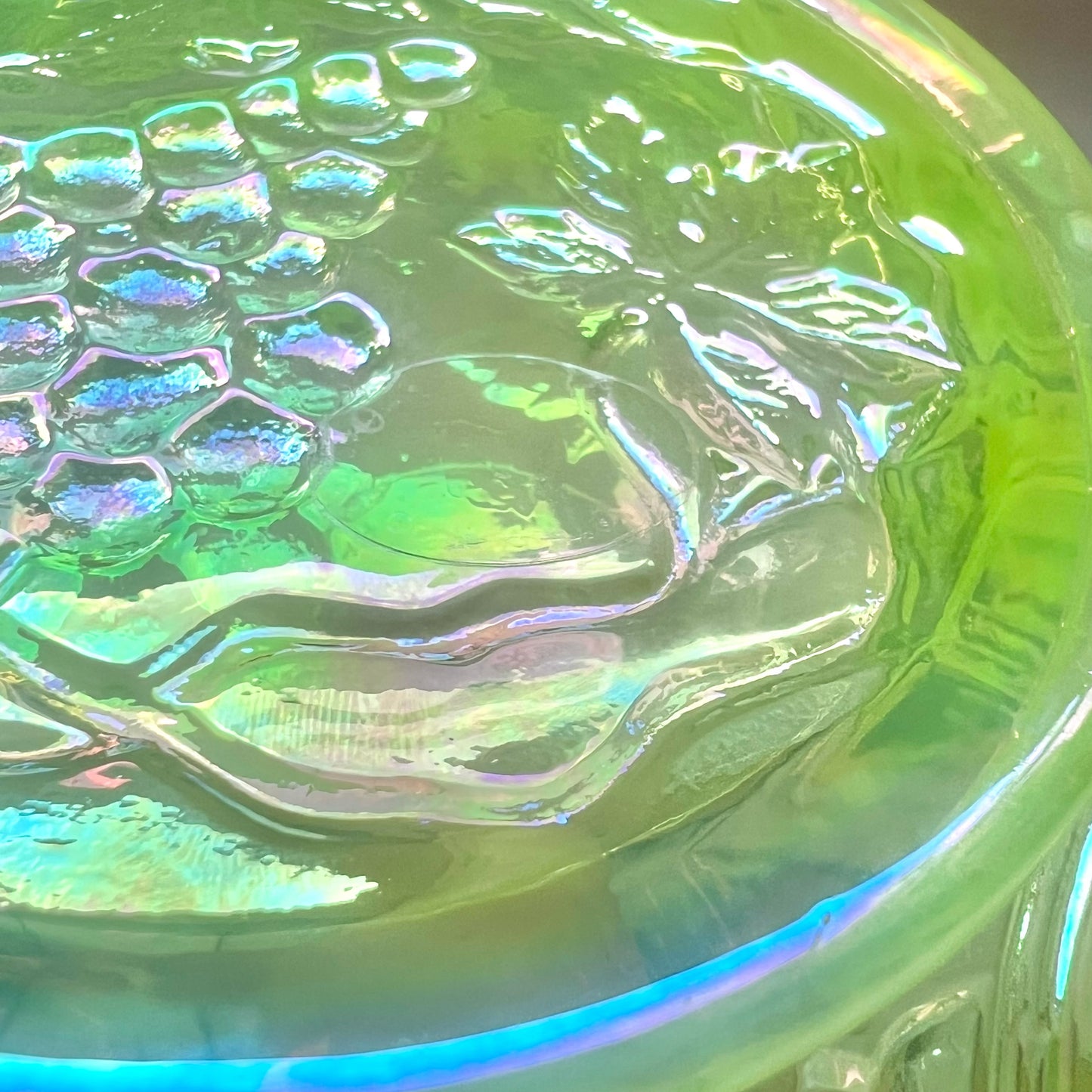 Vintage uranium glass bowl with ruffled lustre edges by Mosser Glass