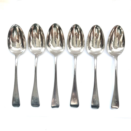 Juego de 6 cucharas de plata esterlina victorianas tempranas con escudo, escudo de la familia Beveridge, marcas de Mary Chawner y William Eaton